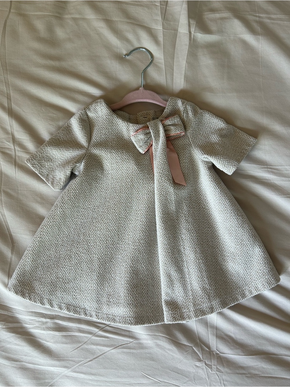 Tahari Baby Textured Ivory Baby Dress with Pink Bow